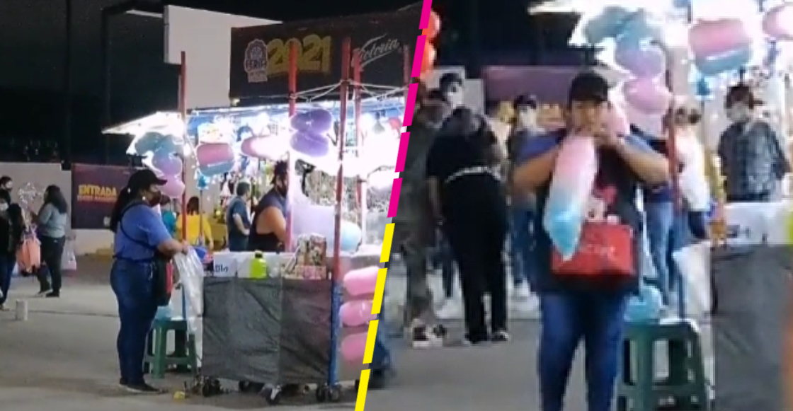 Captan a vendedora quitándose el cubrebocas para inflar bolsas de algodones de azúcar