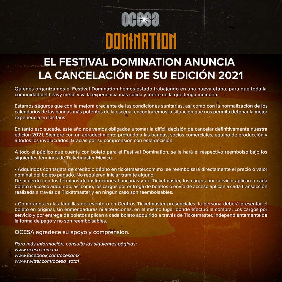 Lo sentimos, metaleros: Se cancela la edición 2021 del festival Domination