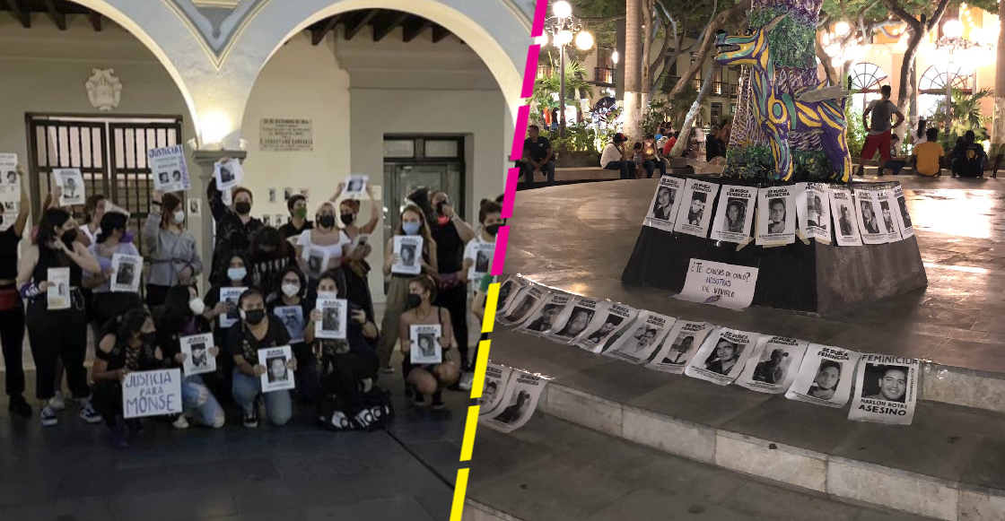 Mujeres tapizan con rostros de presuntos feminicidas el Zócalo de Veracruz