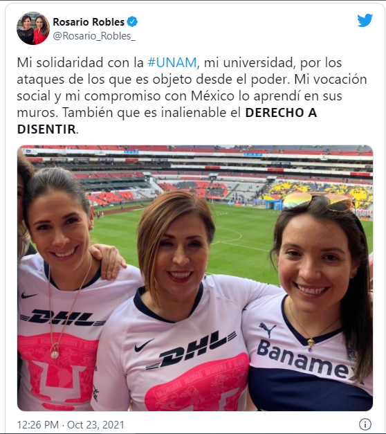 El mensaje de apoyo de Rosario Robles a la UNAM ante críticas de AMLO