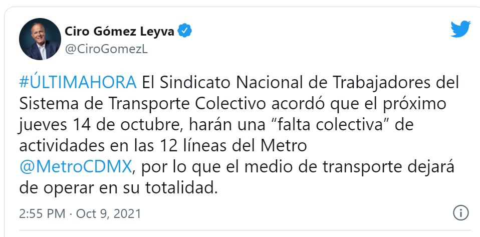 Trabajadores del Metro podrían hacer un paro en las 12 líneas el 14 de octubre