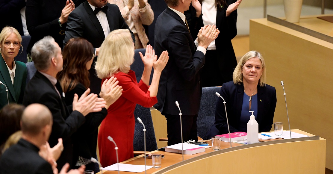 Current Finance Minister and Social Democrat leader Magdalena Andersson is congratulated after being appointed as the country's new Prime Minister following a voting at the Swedish Parliament Riksdagen in Stockholm, Sweden November 24, 2021. Andersson is the first ever Swedish female prime minister. 