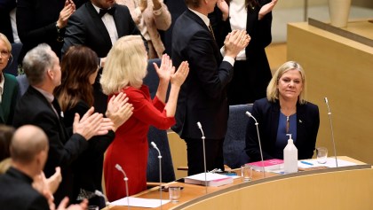 Current Finance Minister and Social Democrat leader Magdalena Andersson is congratulated after being appointed as the country's new Prime Minister following a voting at the Swedish Parliament Riksdagen in Stockholm, Sweden November 24, 2021. Andersson is the first ever Swedish female prime minister.