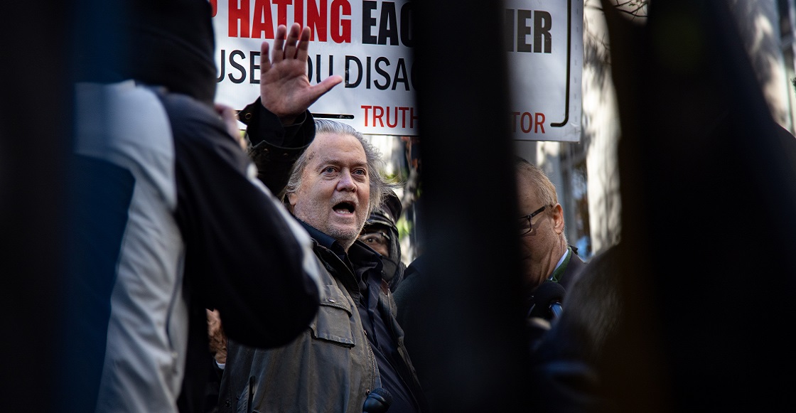 Former Trump strategist Steve Bannon speaks with press while leaving the E. Barrett Prettyman United States Federal Courthouse in Washington, D.C. on November 15, 2021 after turning himself in earlier in the day at a FBI Field Office on two charges of contempt for his failure to comply with the House committee investigation the January 6 U.S. Capitol riots (