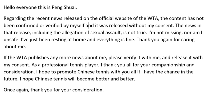 Supuesto email enviado por Peng Shuai