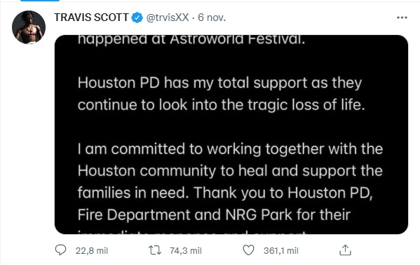 Travis Scott está “absolutamente devastado” por la tragedia en ‘Astroworld’