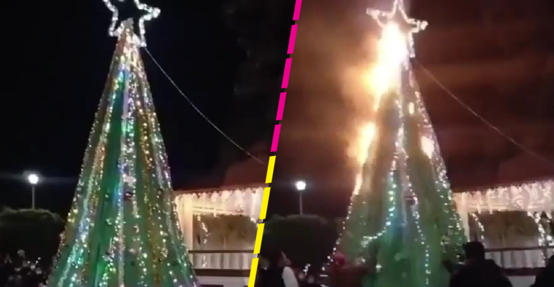 Intentan encender árbol de Navidad en Tula y se incendia por la pirotecnia