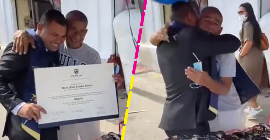 Joven dedica título a su papá en el puesto del mercado donde trabaja