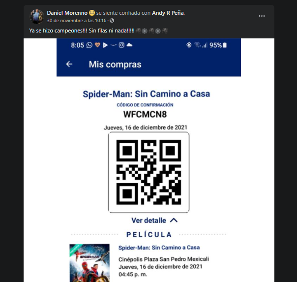 Presumió sus boletos para ‘Spider-man: No Way Home’ y le robaron el código QR