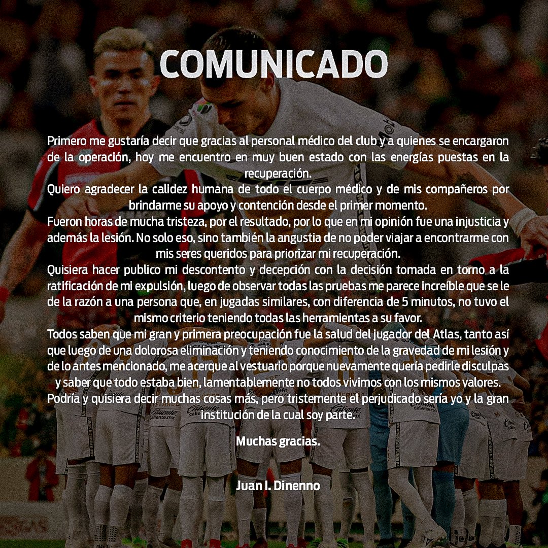 El descontento de Dinenno por su expulsión en el Atlas vs Pumas: "Mi preocupación fue el jugador"