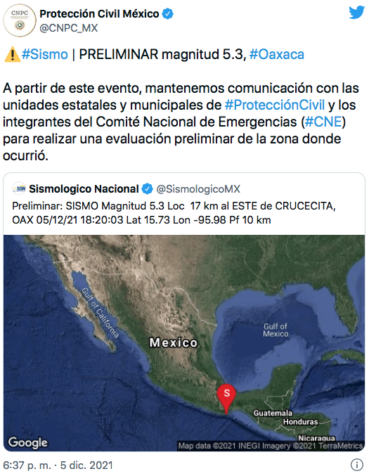 Y en la recta final de 2021: Se registra sismo de magnitud 5.3 en Oaxaca