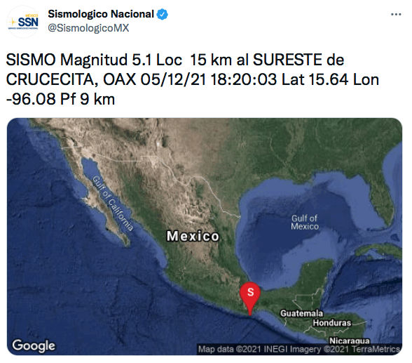 Y en la recta final de 2021: Se registra sismo de magnitud 5.3 en Oaxaca