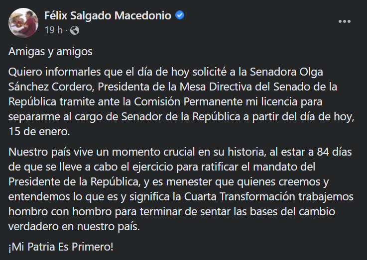 Félix Salgado Macedonio pide licencia para dejar su cargo como Senador