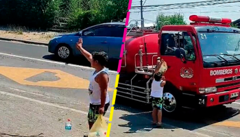 Niño se hace viral por detener un camión de bomberos para regalarles agua