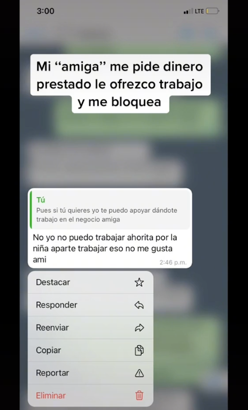 "Eso no me gusta": Mujer bloquea a su amiga porque le ofreció trabajo en vez de prestarle dinero