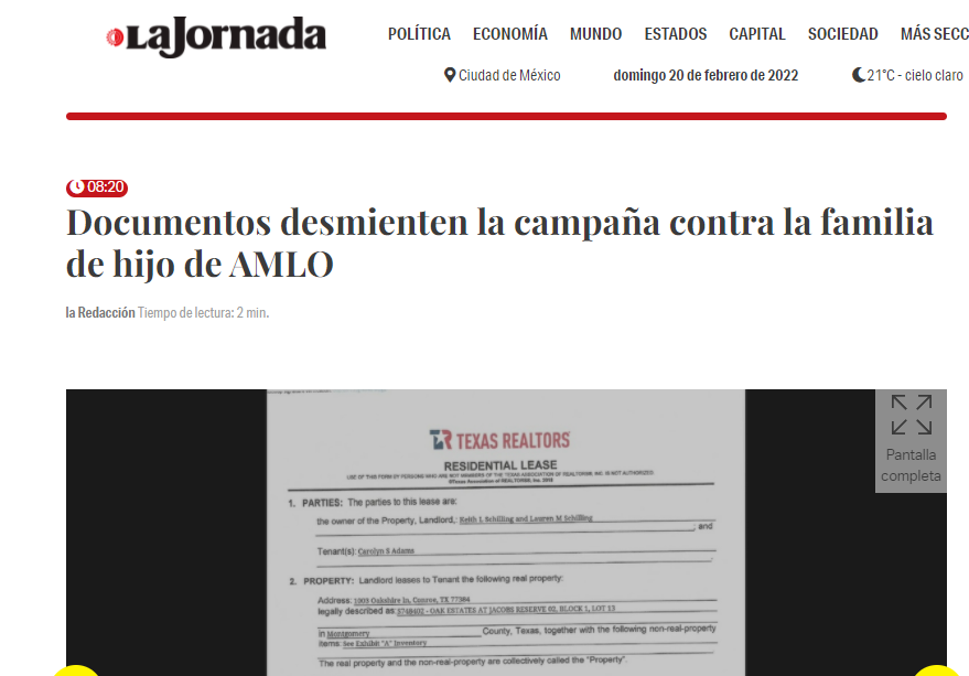 Presentan documentos que probarían que la renta de la casa en Houston fue regular