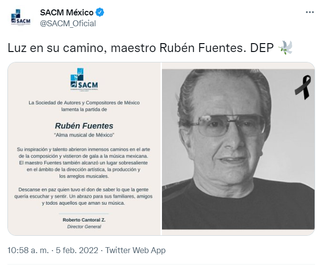 Murió el compositor Rubén Fuentes, autor de temas como ‘La Bikina’ y ‘Cien años’