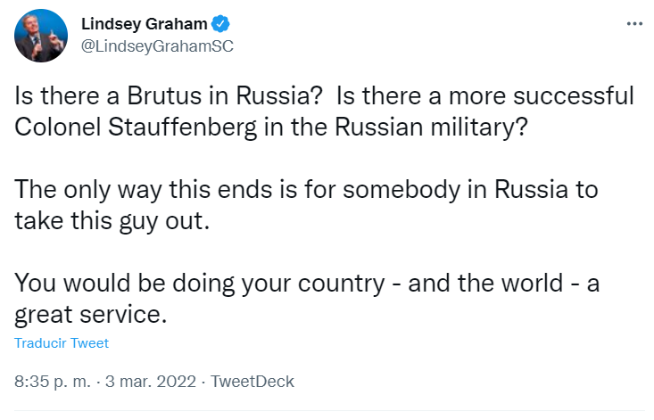 Senador de EU propone asesinar a Putin para poner fin al conflicto en Ucrania