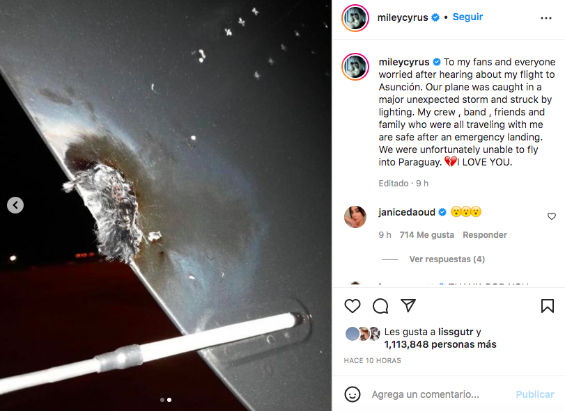 Qué susto: El avión de Miley Cyrus es alcanzado por un rayo y aterriza de emergencia