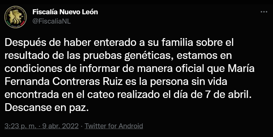 #JusticiaParaMariaFernanda: Confirman muerte de María Fernanda, joven desaparecida en NL