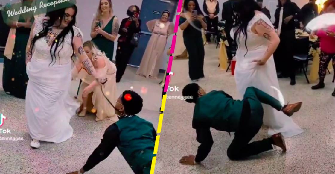 Mujer lleva a su esposo a la recepción de su boda... con correa