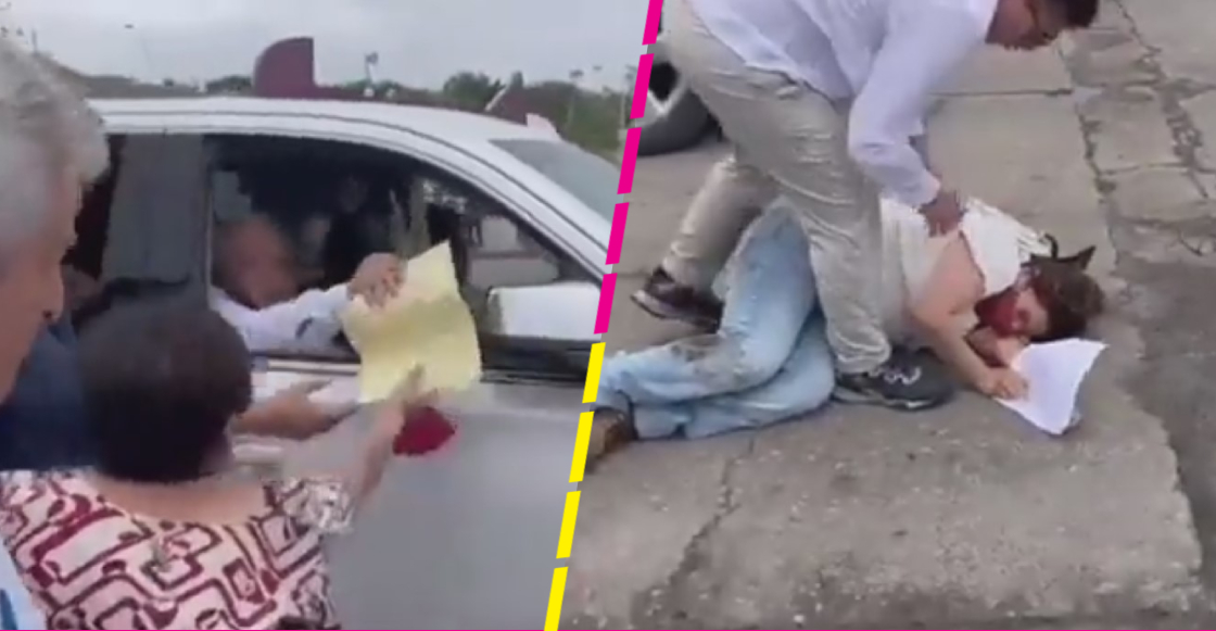 Mujer sufre accidente al tratar de sujetarse a la camioneta de AMLO