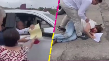 Mujer sufre accidente al tratar de sujetarse a la camioneta de AMLO