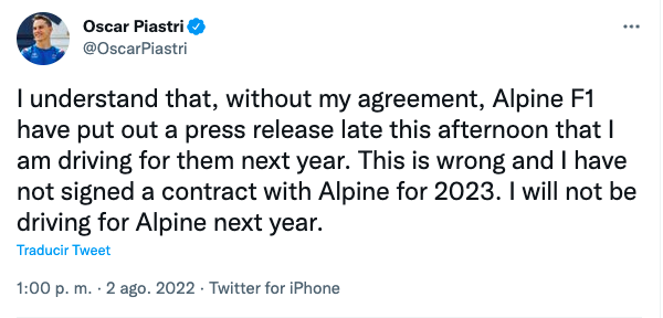 La respuesta de Oscar Piastri a la confirmación de que correrá con Alpine en 2023: "No he firmado contrato"