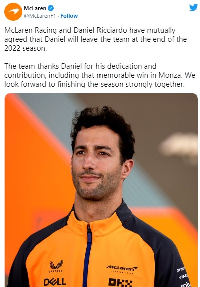 Daniel Ricciardo no continuará en McLaren para la temporada 2023 de la F1