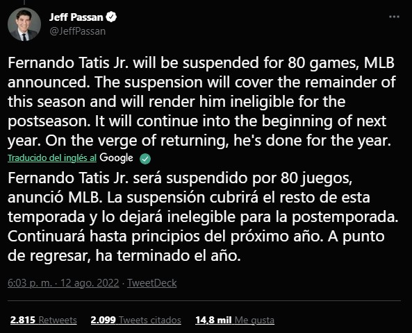 Suspenden 80 juegos a Fernando Tatis Jr. por uso de esteroides
