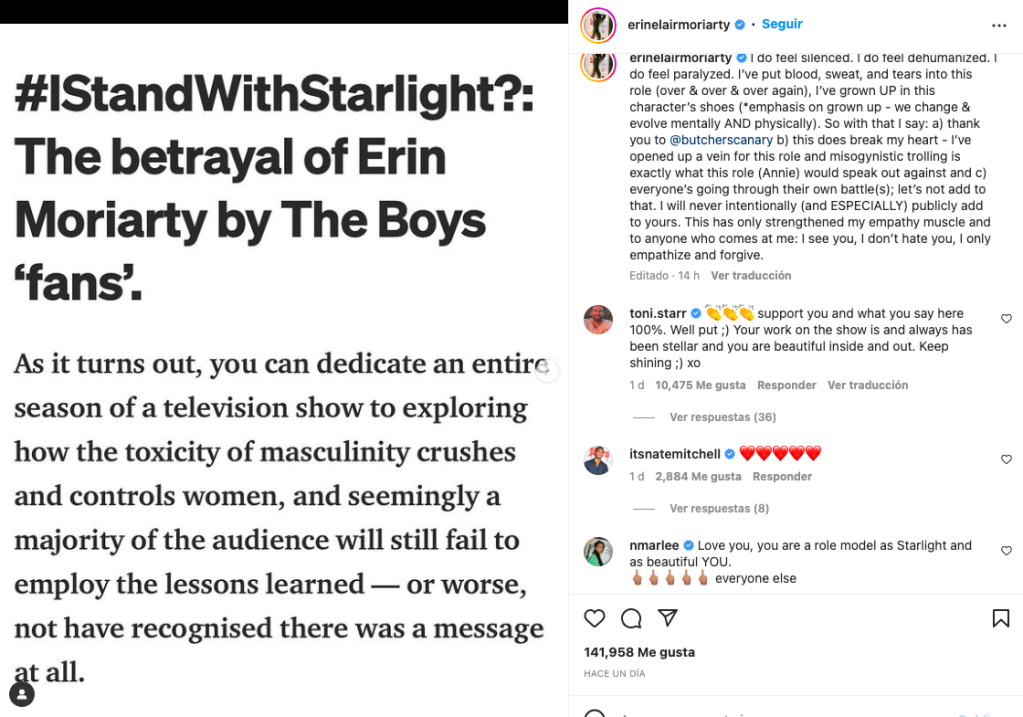 Erin Moriarty denuncia señalamientos misóginos de fans de 'The Boys'