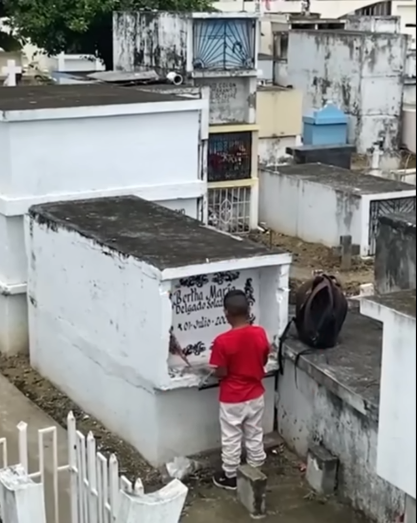 No estamos llorando: Niño visita la tumba de su mamá, le lleva flores y hasta sus calificaciones