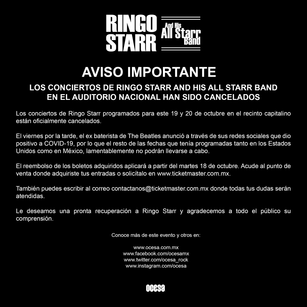 Los conciertos de Ringo Starr en México se cancelan y te contamos sobre el reembolso