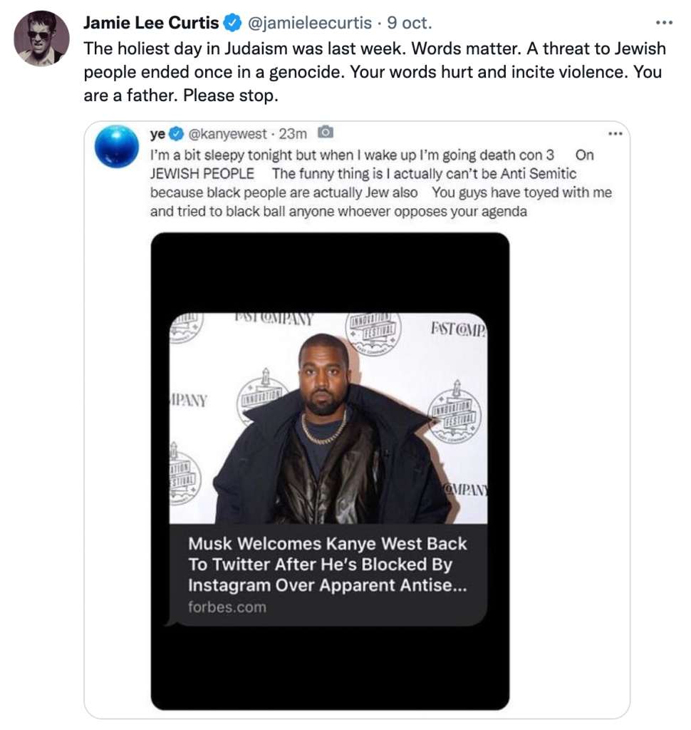 Captura del tuit de Jamie Lee Curtis sobre Kanye West 