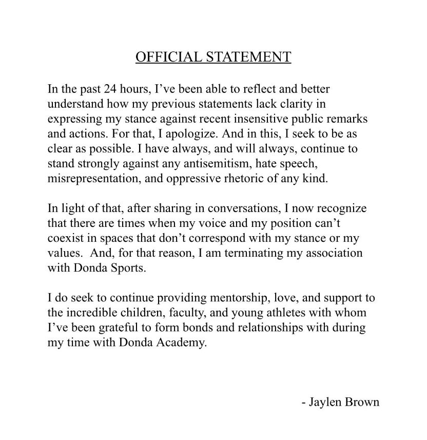 Comunicado de Jaylen Brown rompiendo relación con agencia deportiva de Kanye West