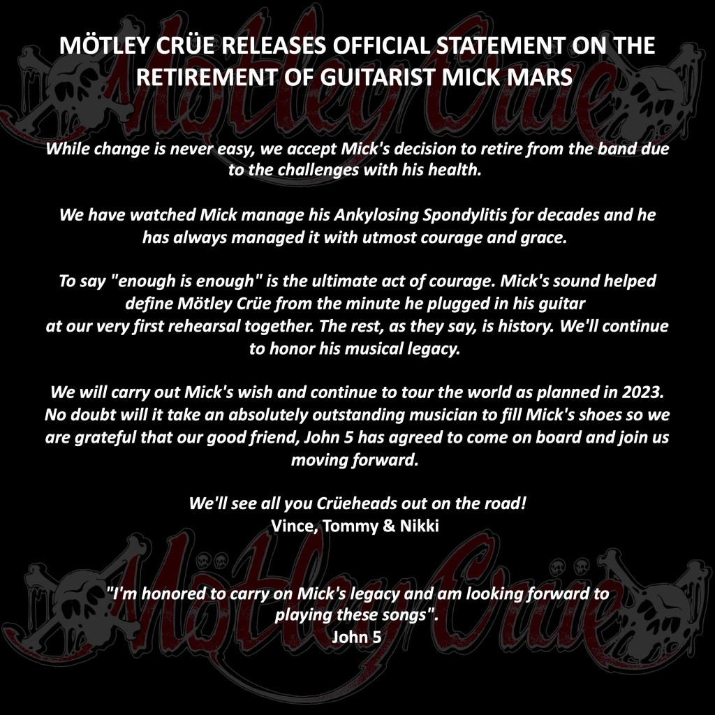 Mick Mars deja los tours con Mötley Crüe y la banda ya tiene al reemplazo