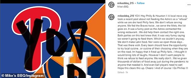 Publicación de Mike's BBQ sobre no darle de comer a los Astros en sus partidos contra Phillies
