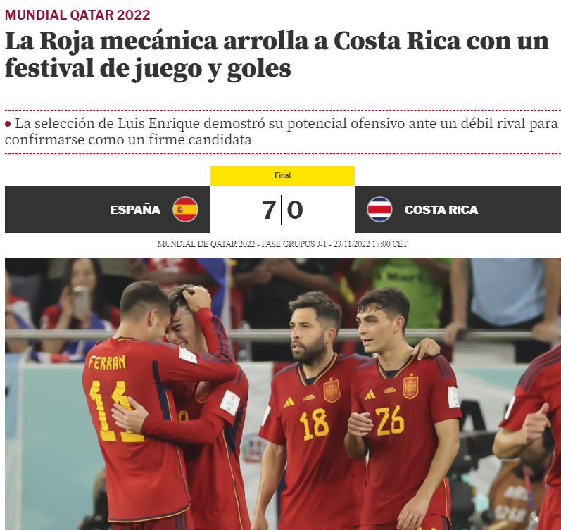 reacciones de la prensa en España a la goleada en Qatar 2022