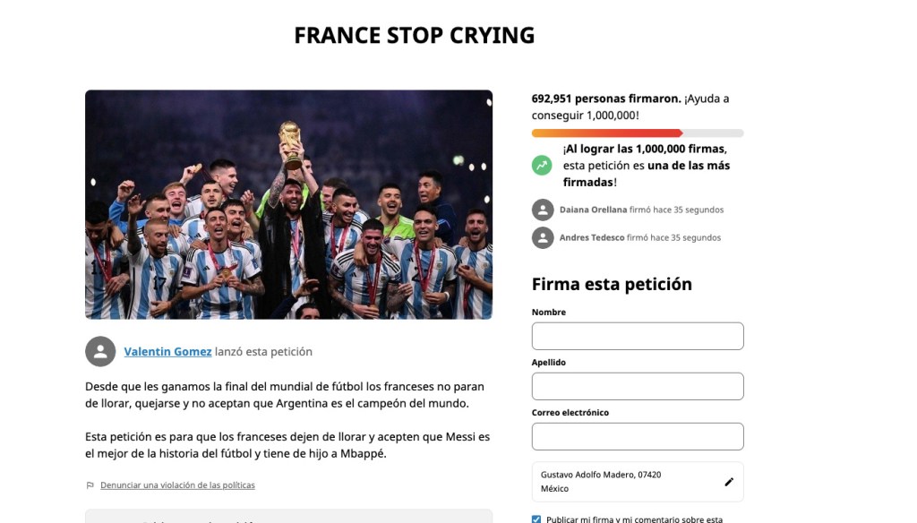 "Dejen de llorar": La respuesta de Argentina a Francia por la colecta de firmas para repetir la final de Qatar 2022