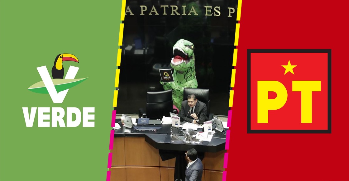 El logo del Partido Verde, un diputado en tribuna con un dinosaurio y el logo del Partido del Trabajo