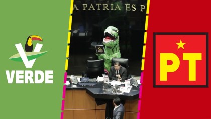 El logo del Partido Verde, un diputado en tribuna con un dinosaurio y el logo del Partido del Trabajo