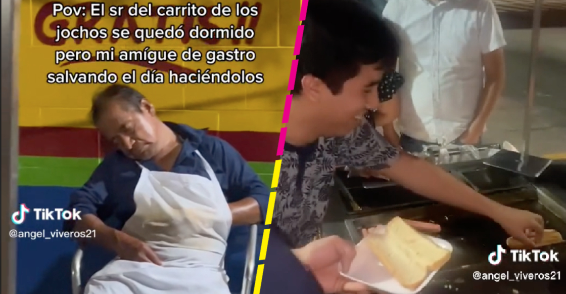 Qué rifados: Vendedor de hot dogs se queda dormido en el puesto y unos jóvenes le ayudaron a despachar