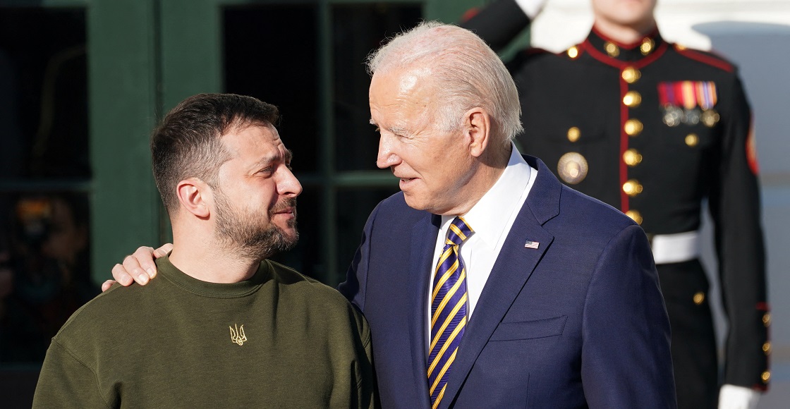 U.S. President Joe Biden welcomes Ukraine's President Volodymyr Zelenskiy on the South Lawn at the White House in Washington, U.S., December 21, 2022.