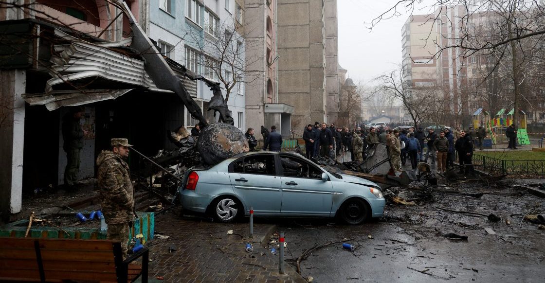 A view shows the site where a helicopter falls on civil infrastructure buildings, amid Russia's attack on Ukraine, in the town of Brovary, outside Kyiv, Ukraine, January 18, 2023.