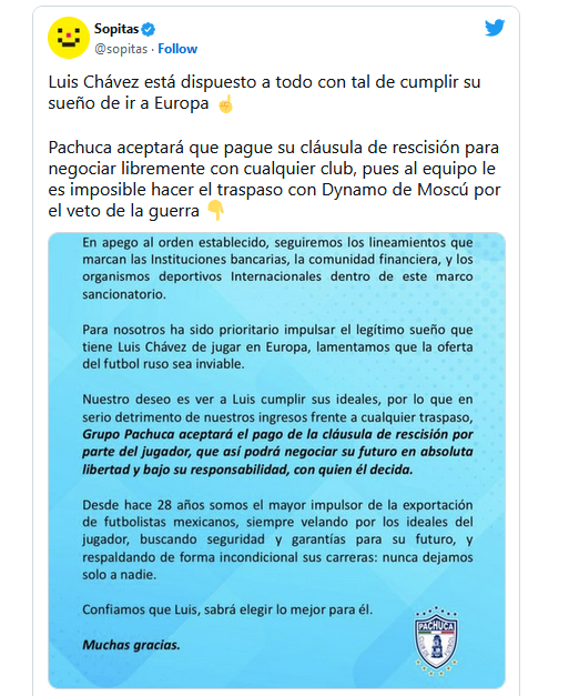 Luis Chávez pagó su cláusula de rescisión para salir de Pachuca