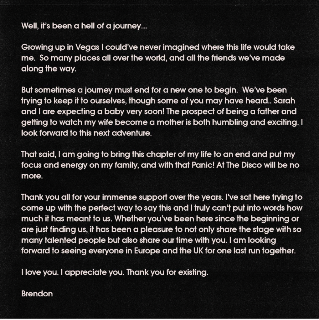 Brendon Urie confirma el final de Panic! At the Disco