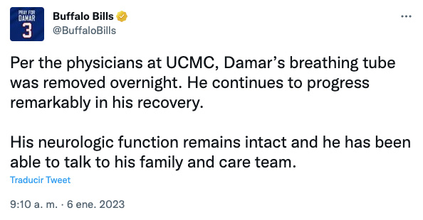 Damar Hamlin ya respira por sí mismo y habló con los Buffalo Bills desde el hospital