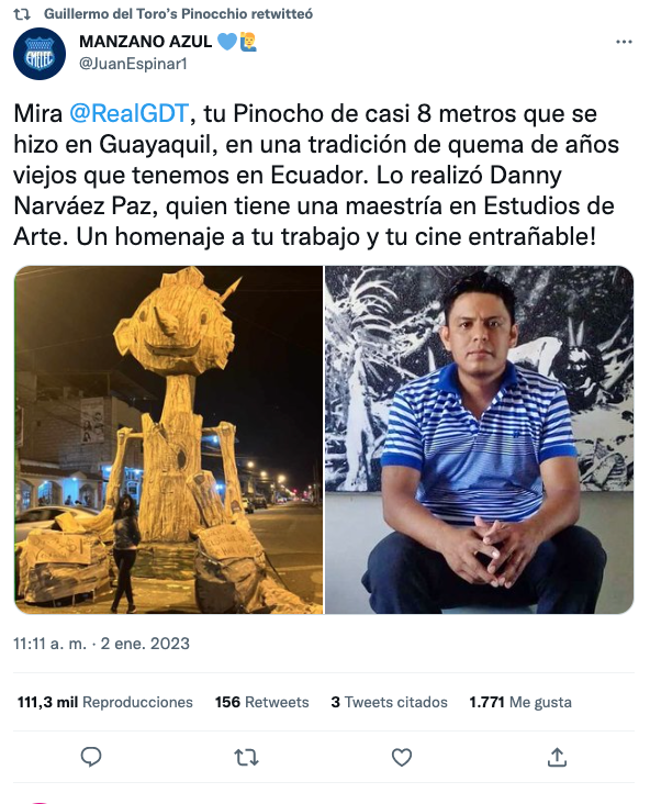 Así la escultura gigante de 'Pinocchio' de Guillermo del Toro en Ecuador