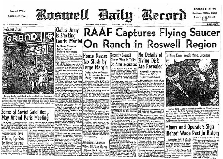 Una foto de la portada de un periódico hablando sobre el caso Rosswell