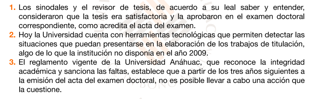 Fragmento del comunicado de la Universidad Anáhuac sobre Yasmín Esquivel